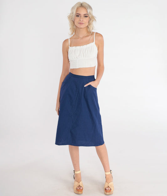 80s Navy Midi Skirt High-Waisted A-Line Extra Small XS