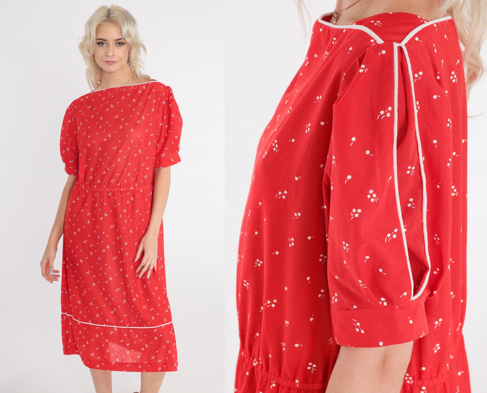 70s Red Floral Midi Dress White Flower Print High Waist Puff Sleeve Medium Large