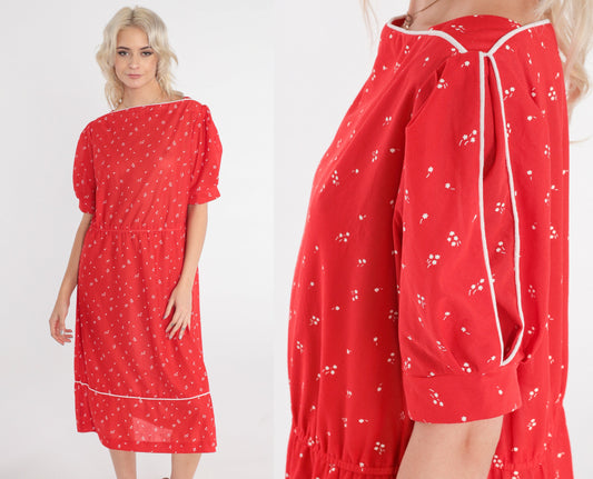 70s Red Floral Midi Dress White Flower Print High Waist Puff Sleeve Medium Large