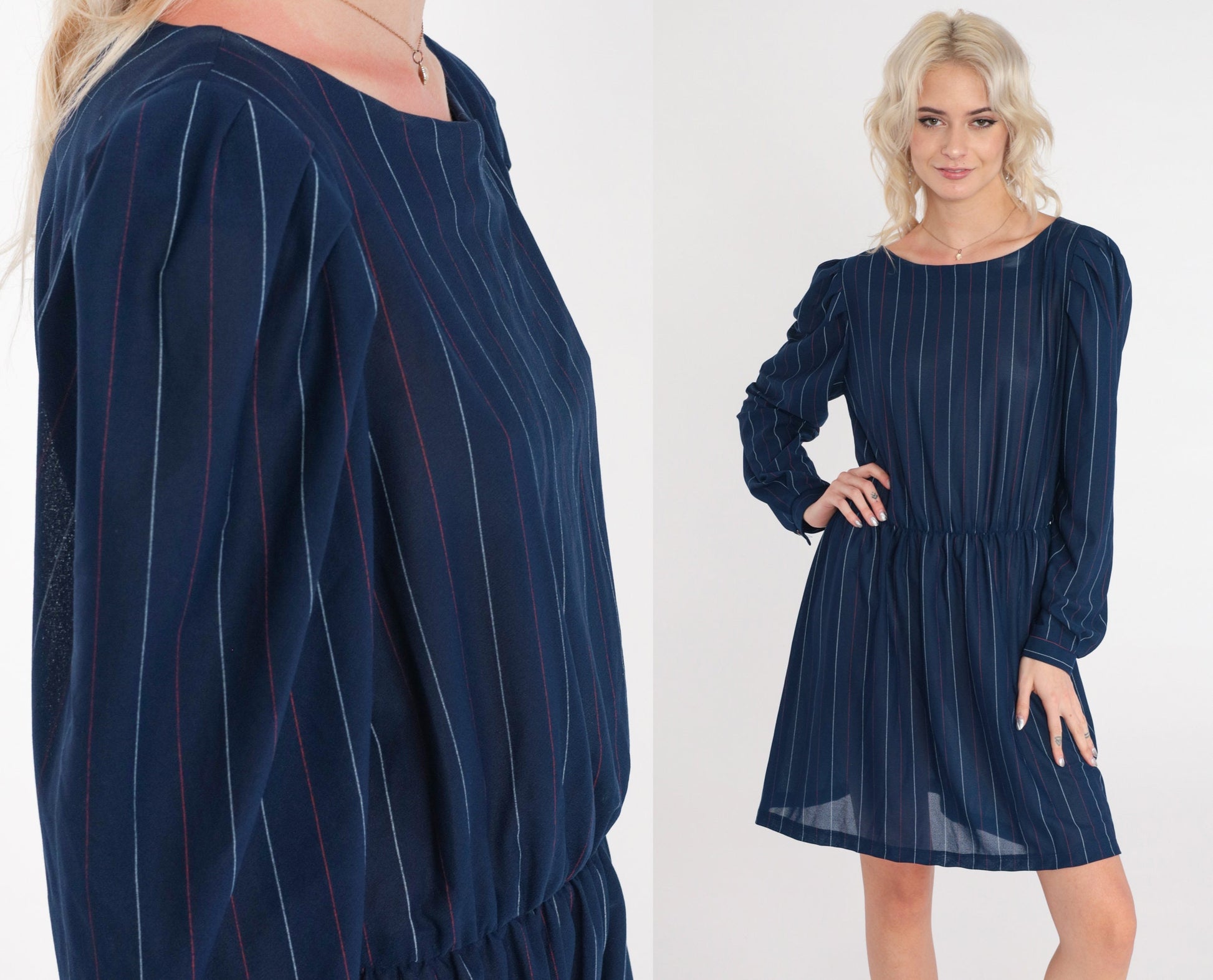 70s Navy Pinstriped Mini Dress Puff Sleeve High Waist Keyhole Back Small Medium