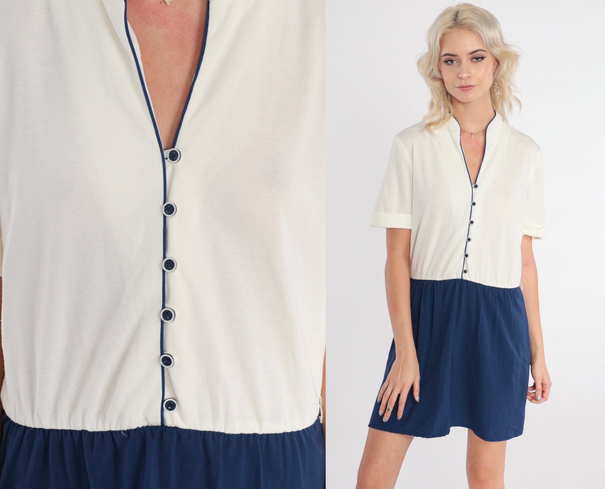 80s White Navy Colorblock Mini Dress Button-Up Shirtwaist Small