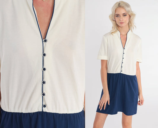 80s White Navy Colorblock Mini Dress Button-Up Shirtwaist Small