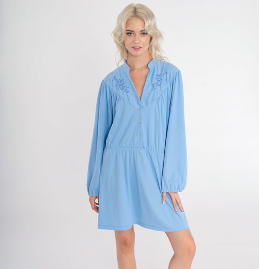 70s Blue Floral Embroidered Mini Dress High Waist Button Up Long Sleeve Extra Large