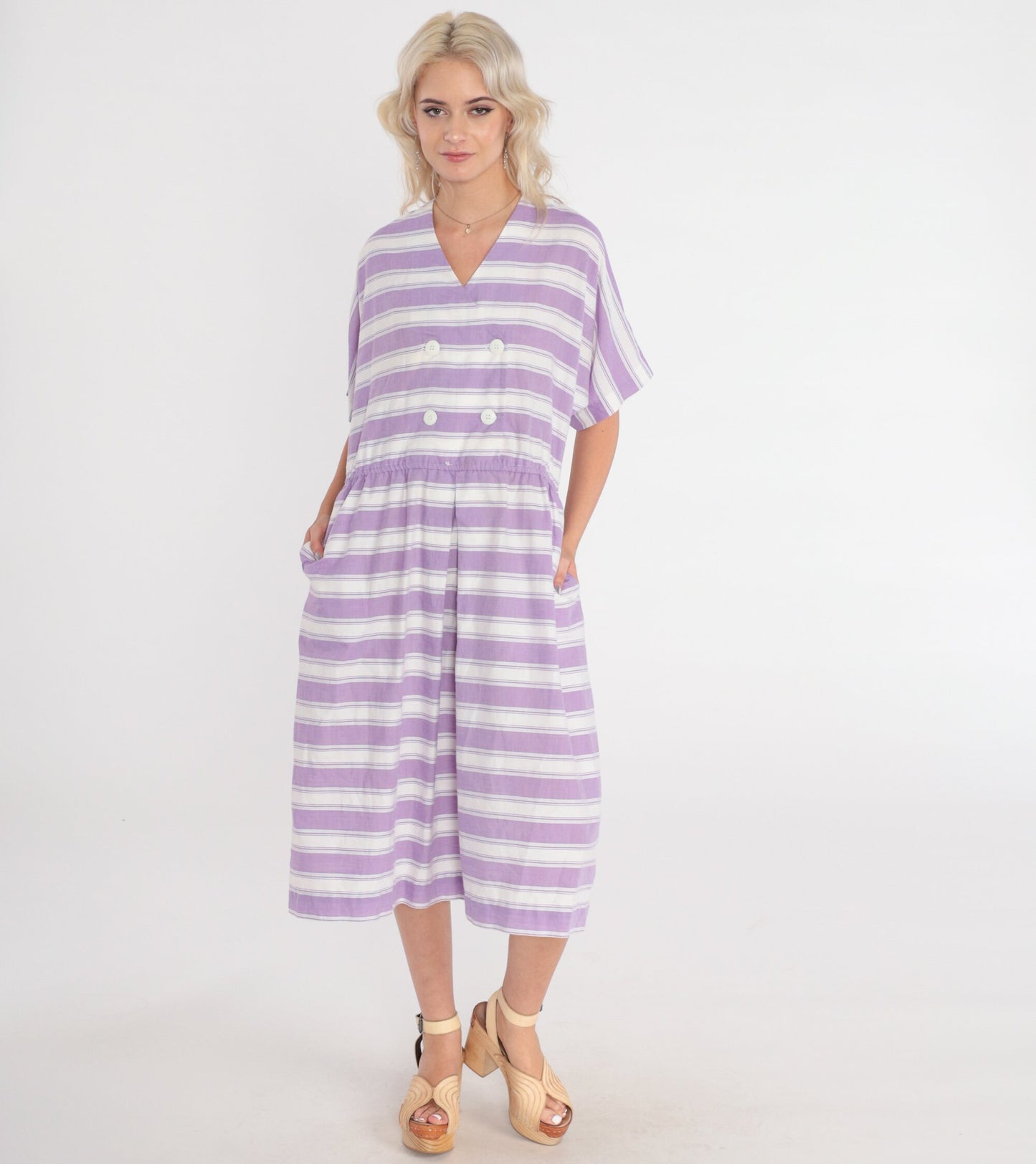 80s Striped Midi Dress White Purple Double Breasted V-Neck High Waisted Medium