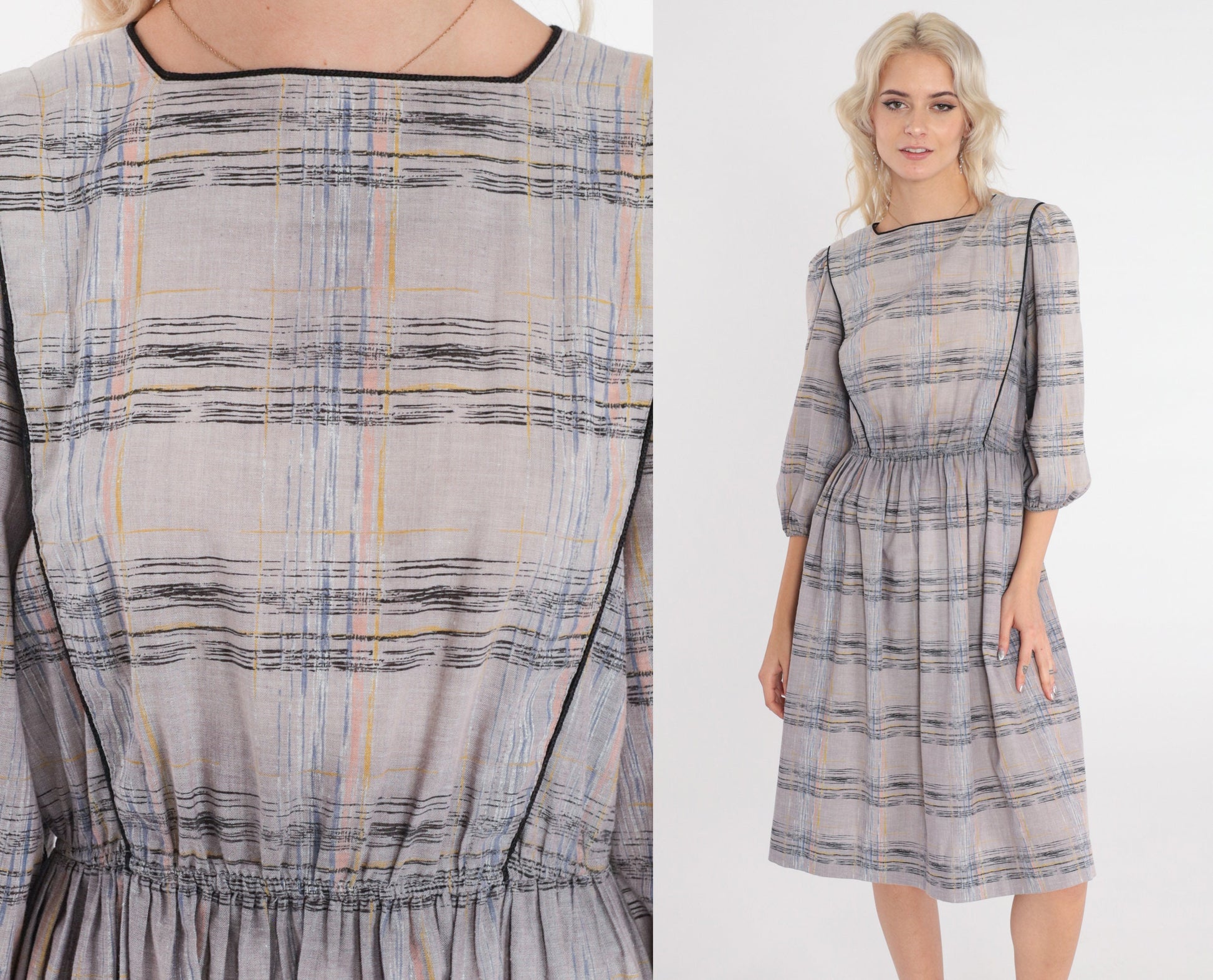 80s Leslie Faye Midi Dress Grey Checkered Puff Sleeve High Waisted Small