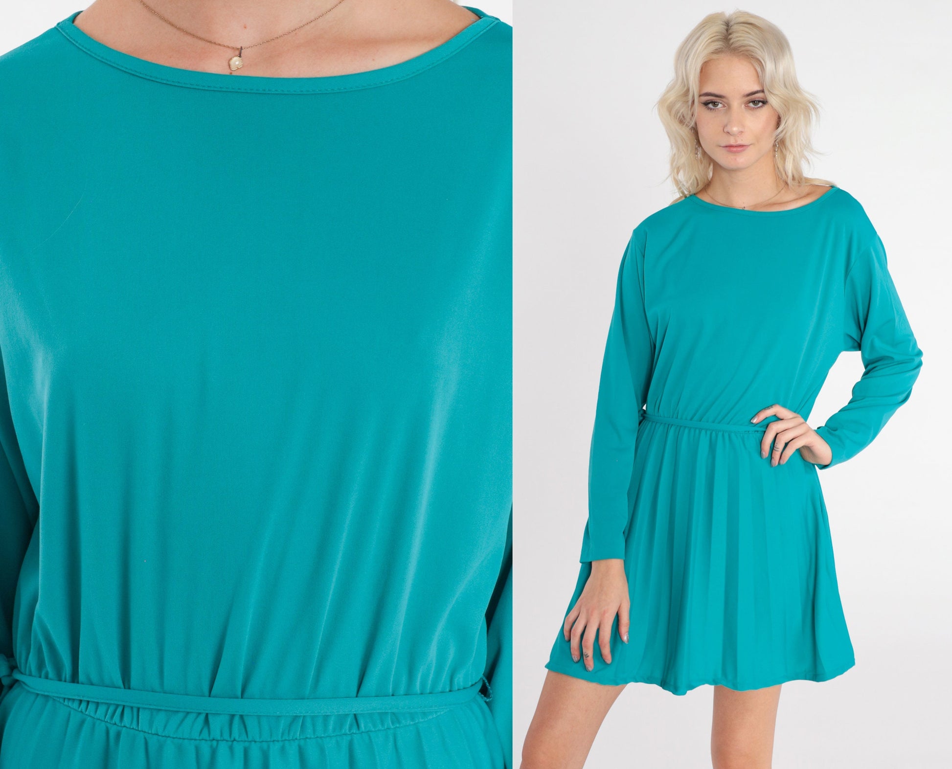80s Teal Green Mini Dress High Waist Long Sleeve Pleated Medium M