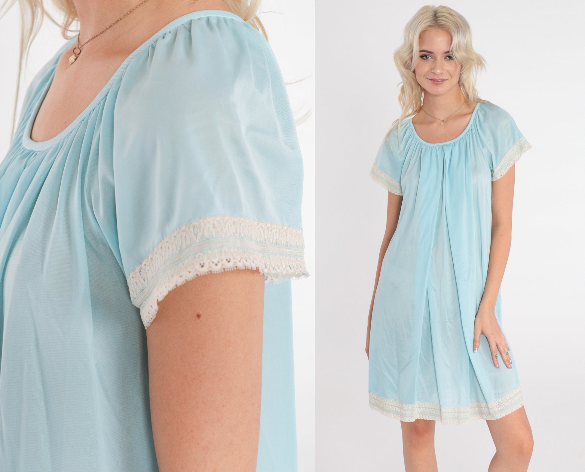 90s Baby Blue Nursing Nightgown Mini Lace Trim Short Sleeve Medium M