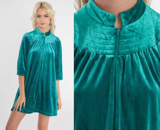 70s Green Velour Mini Lounge Dress Zip Front Tent Cut Medium M