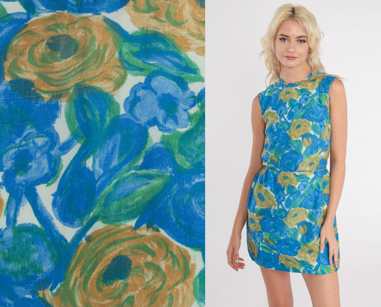 1970s Silk Floral Mini Dress Sleeveless Shift Belted Blue Green White XXS