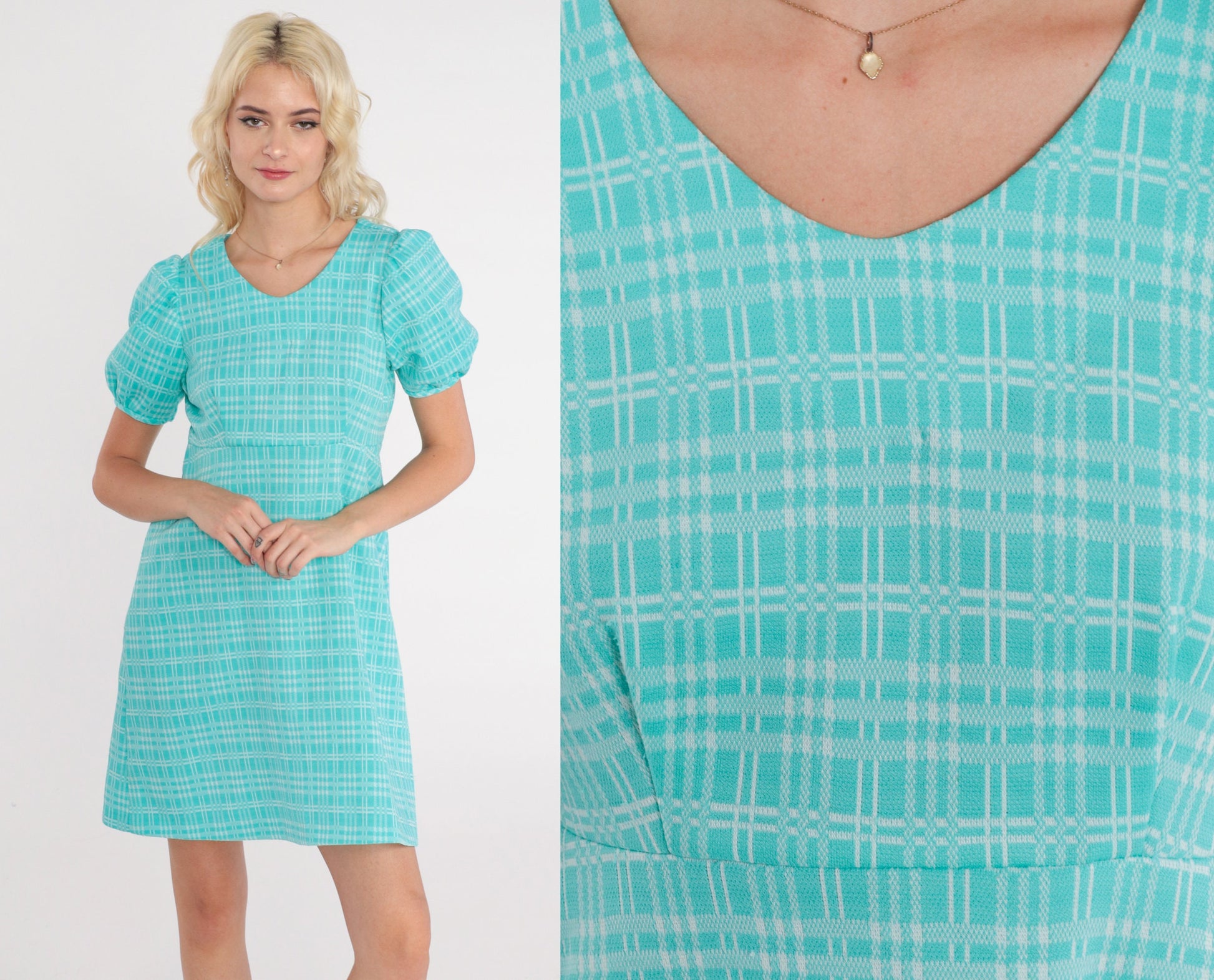 60s Blue Checkered Babydoll Dress Empire Waist Puff Sleeve Mini Small