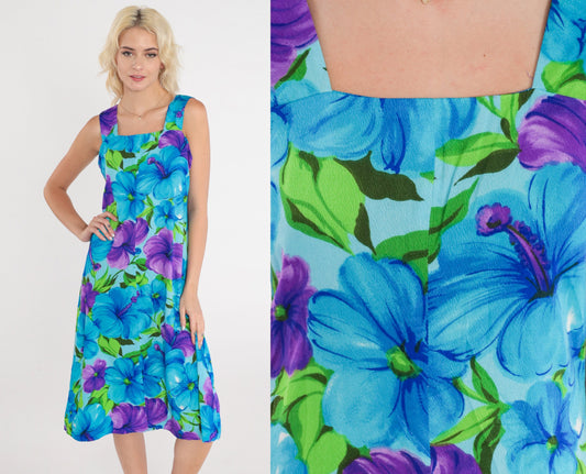 70s Tropical Floral A-Line Sundress Sleeveless Knee-Length Cotton Small