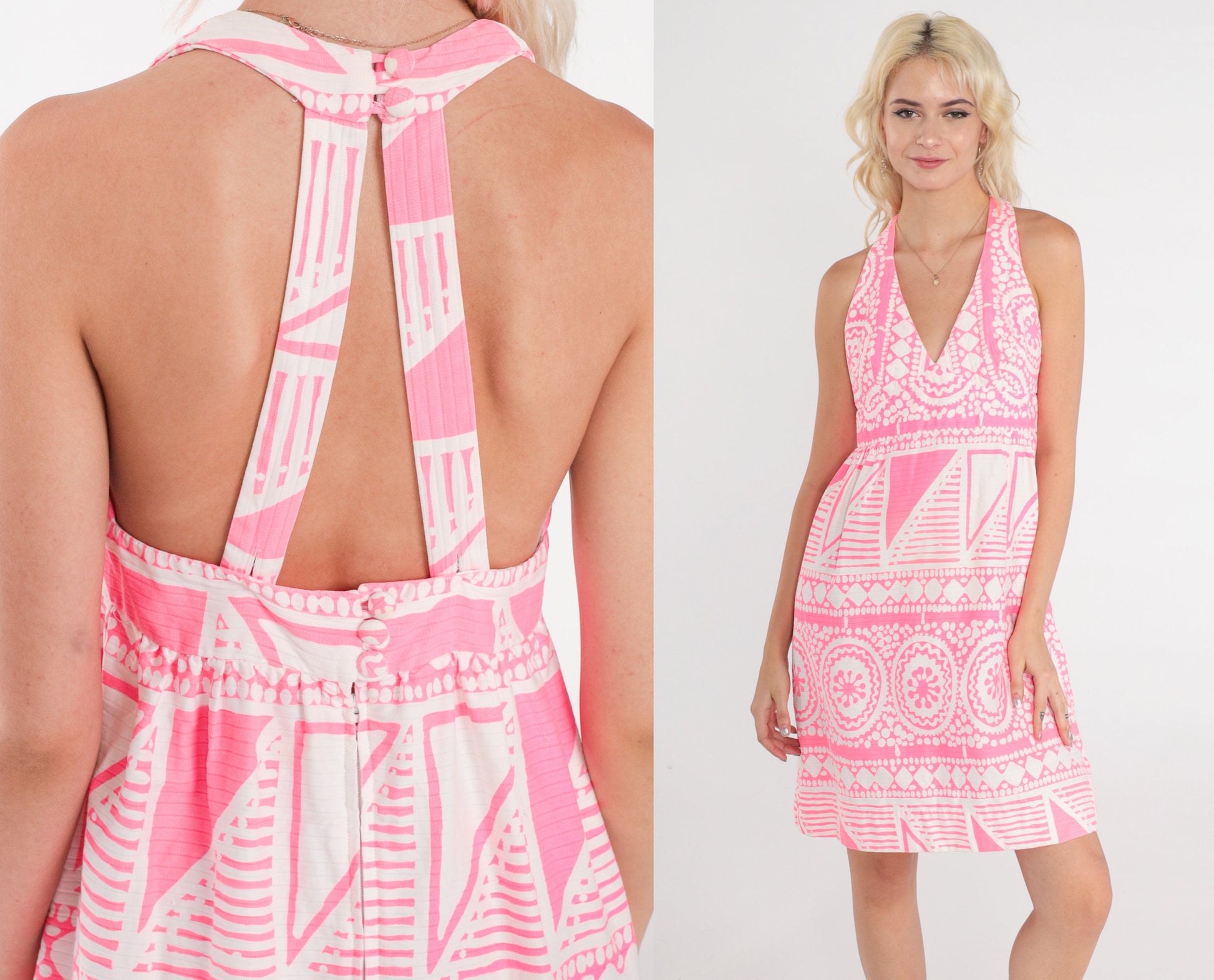 70s Hot Pink White Geometric Mini Dress Halter Neck Empire Waist Small