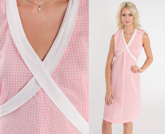 80s Pink Gingham Sundress Sleeveless Empire Waist Mini Cotton Medium Large
