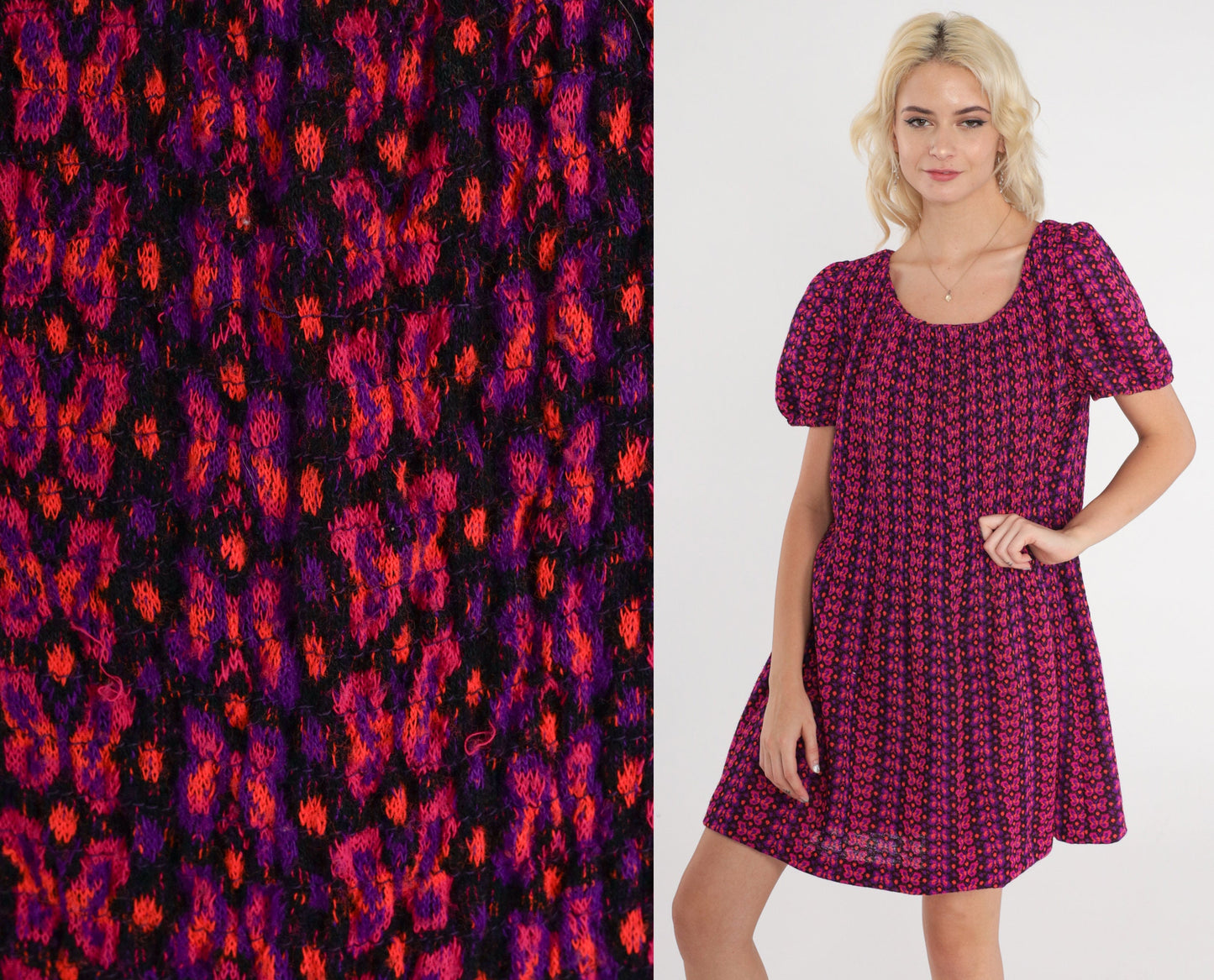 60s Butterfly Print Shift Dress Puff Sleeve Mini Pink Purple Orange Medium Large