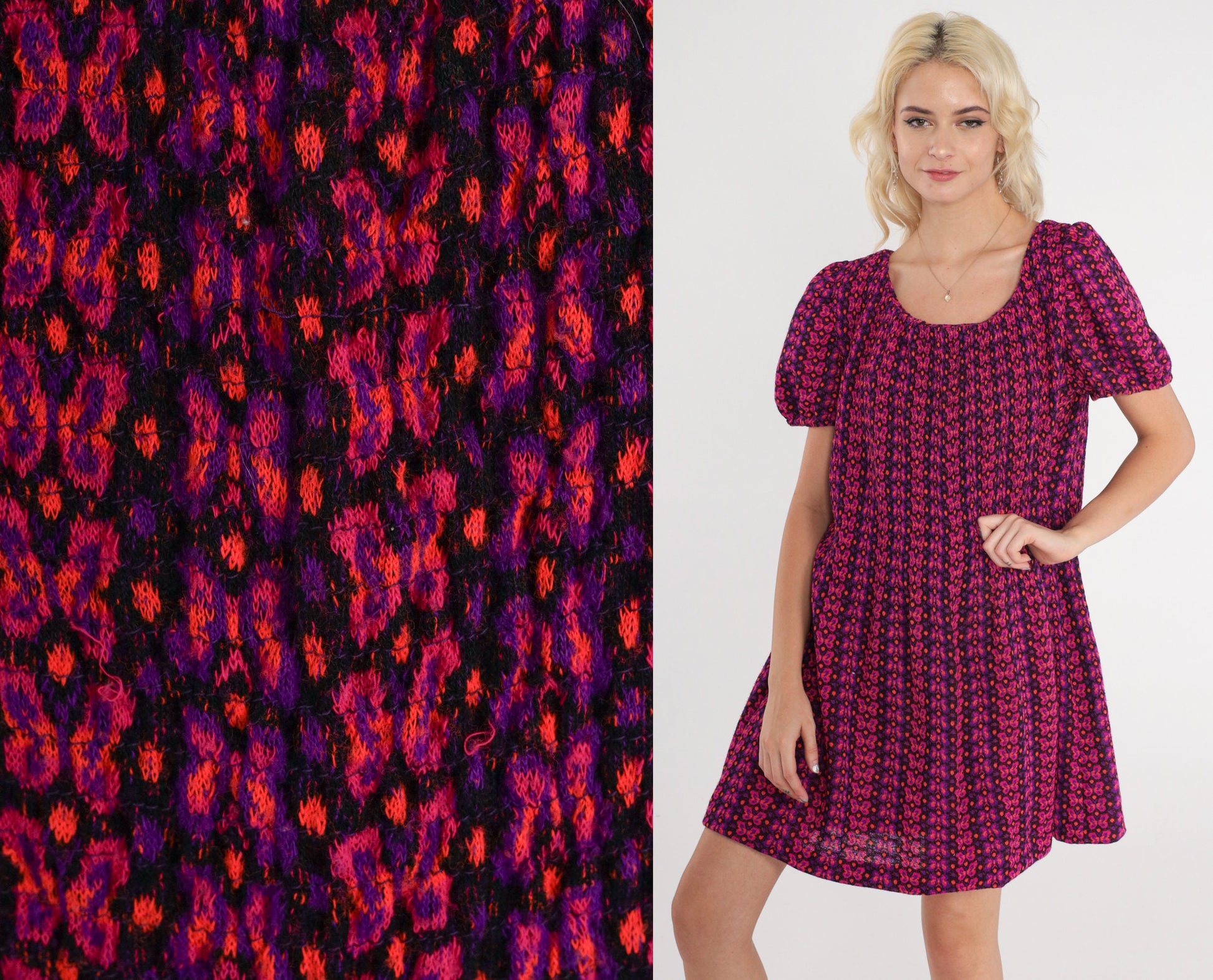 60s Butterfly Print Shift Dress Puff Sleeve Mini Pink Purple Orange Medium Large