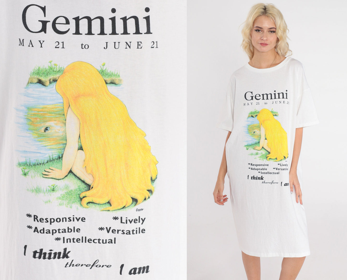 90s Gemini Zodiac Graphic T-Shirt Dress White Cotton Mini Small