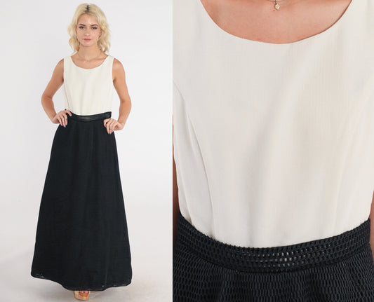 90s Black and White Maxi Dress Sleeveless Low Back High Waist Small