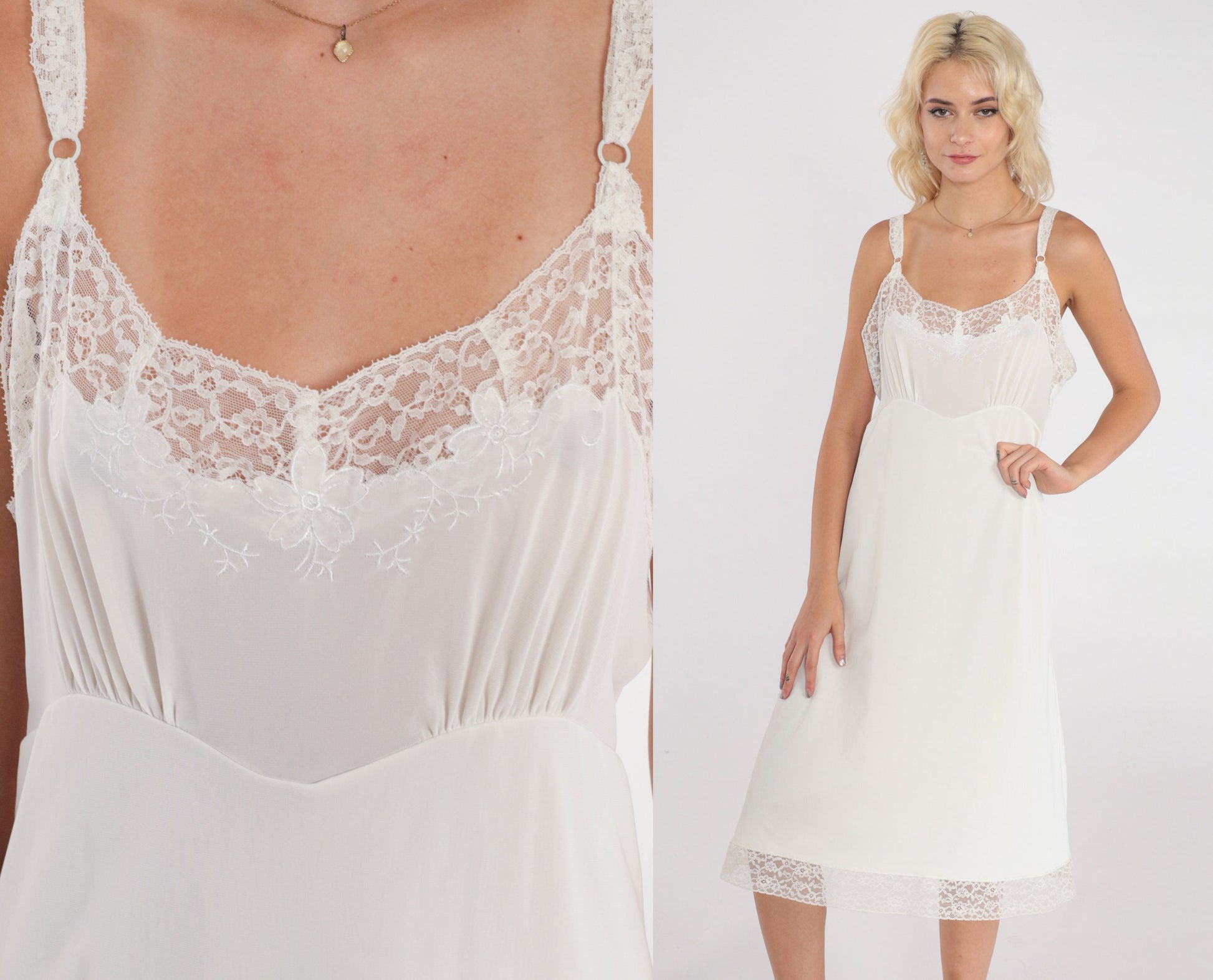 70s White Lace Trim Slip Dress Empire Waist Midi Nylon Nightgown Medium M