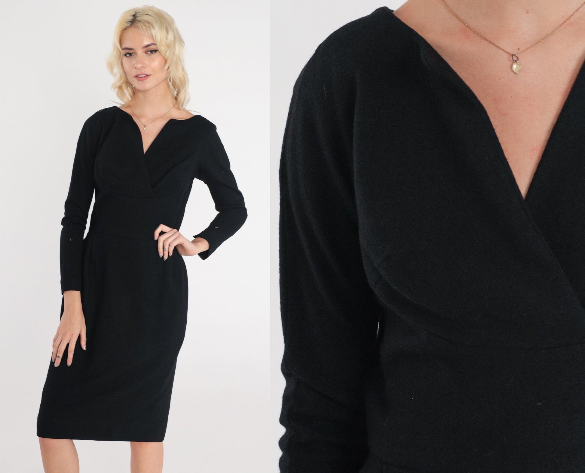 60s Black Wool Sheath Dress V Neck Long Sleeve Knee Length Extra Small