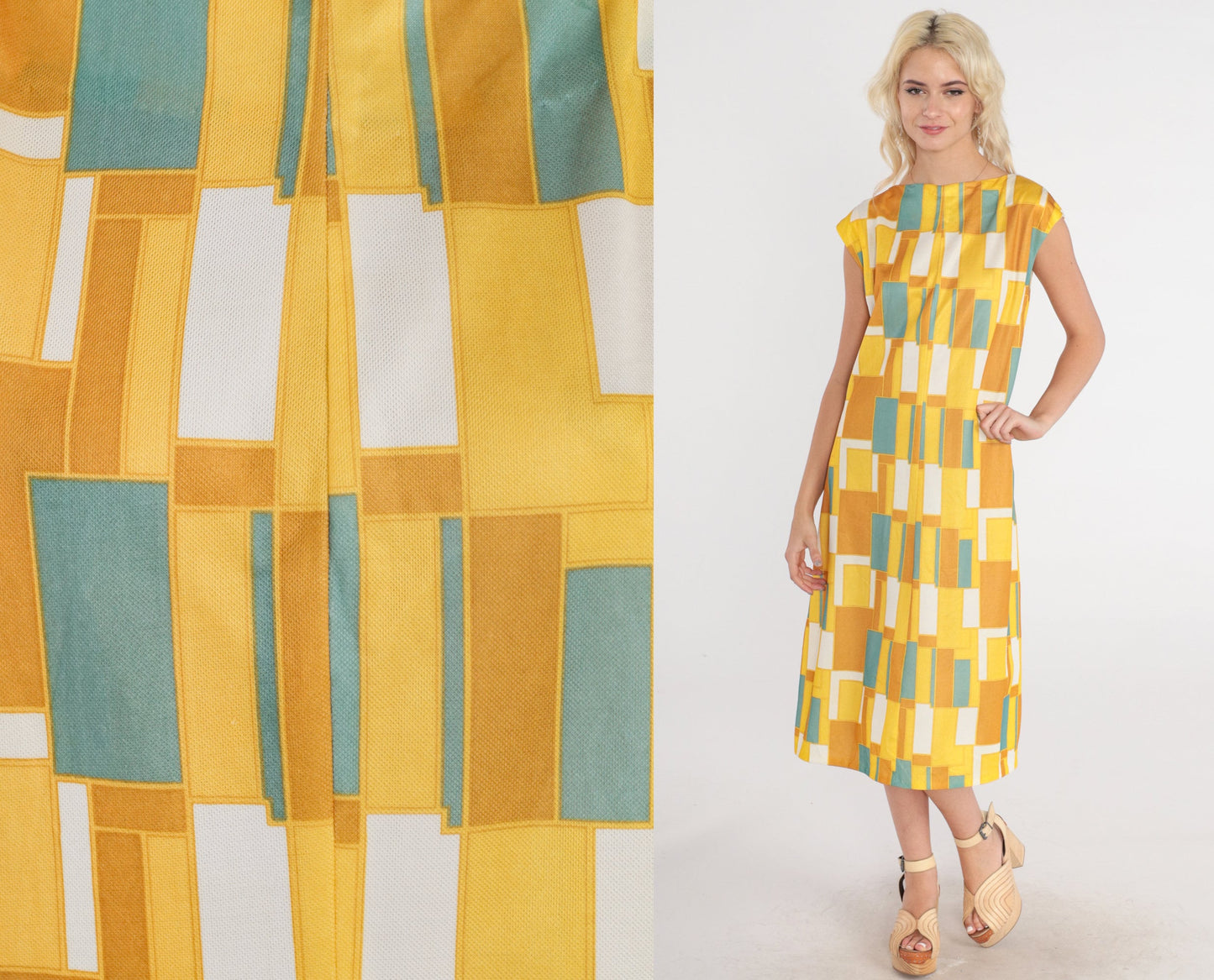 70s Mod Geometric Yellow Midi Dress A-Line Cap Sleeve Medium M
