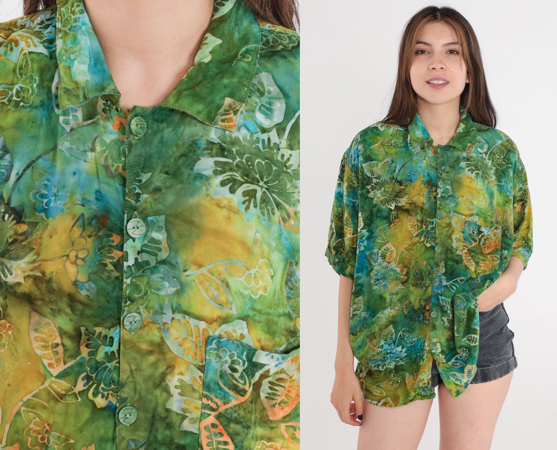 90s Tropical Floral Button Up Shirt Green Tie Dye Men's Large