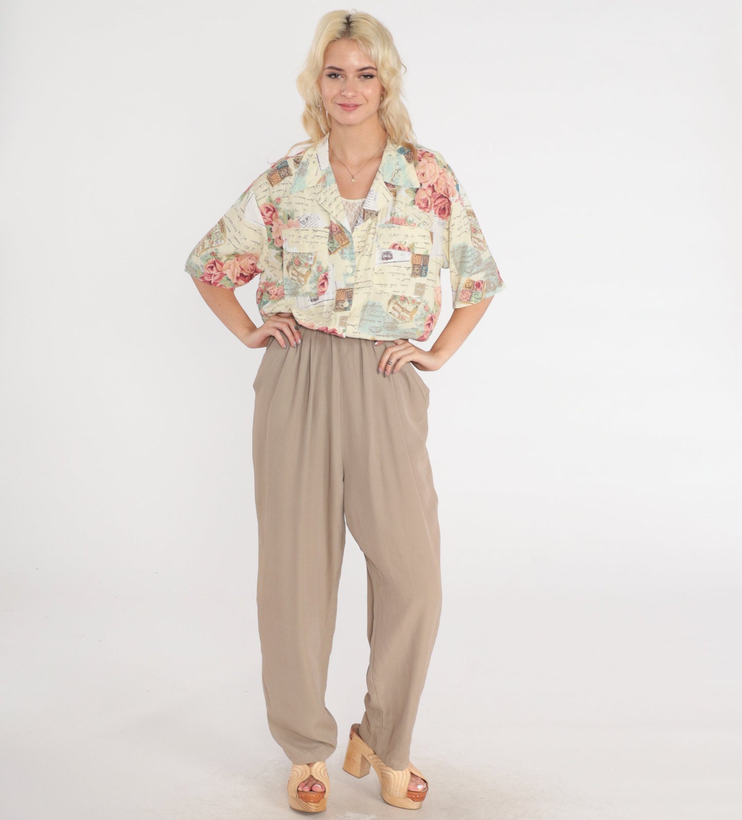 80s Jumpsuit Abstract Floral Rose Print High-Waisted Tapered Tan Medium Large