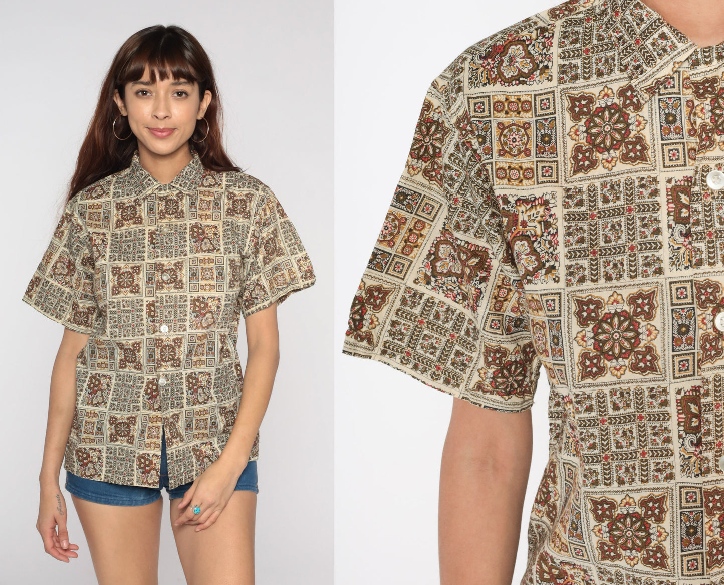 60s Geometric Print Button-Up Shirt Brown Cream Leaf Short Sleeve Medium