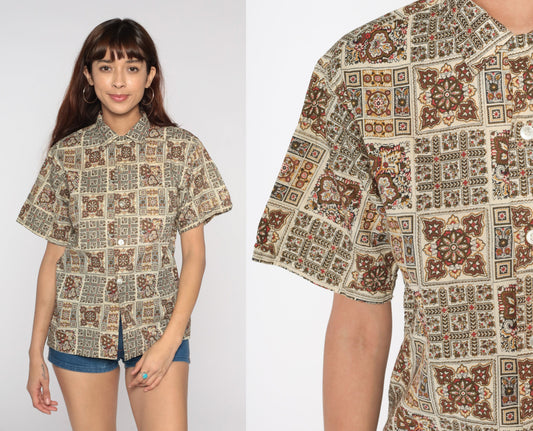 60s Geometric Print Button-Up Shirt Brown Cream Leaf Short Sleeve Medium