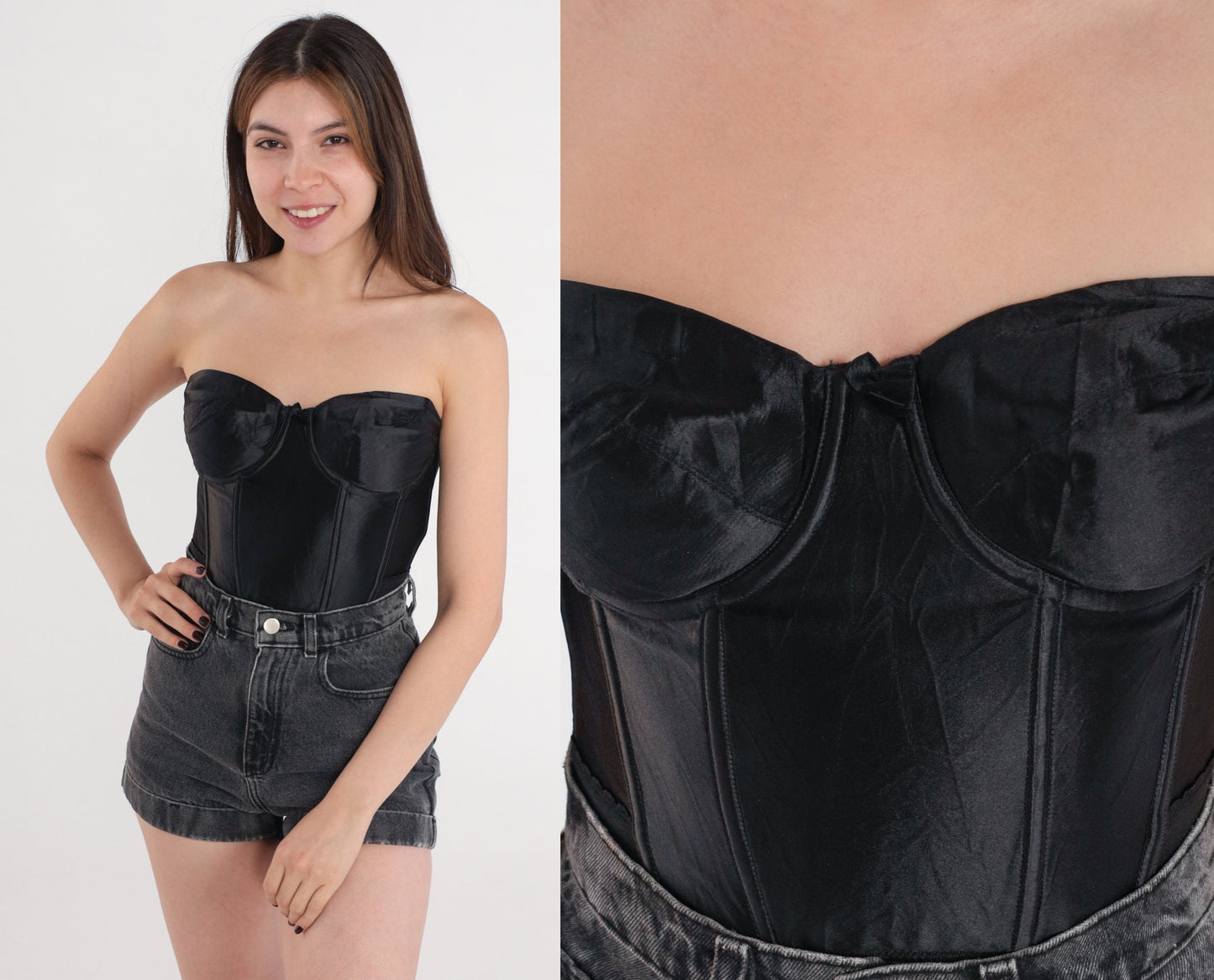 00s Victoria's Secret Black Bustier Bra Strapless Underwire Sweetheart 34C