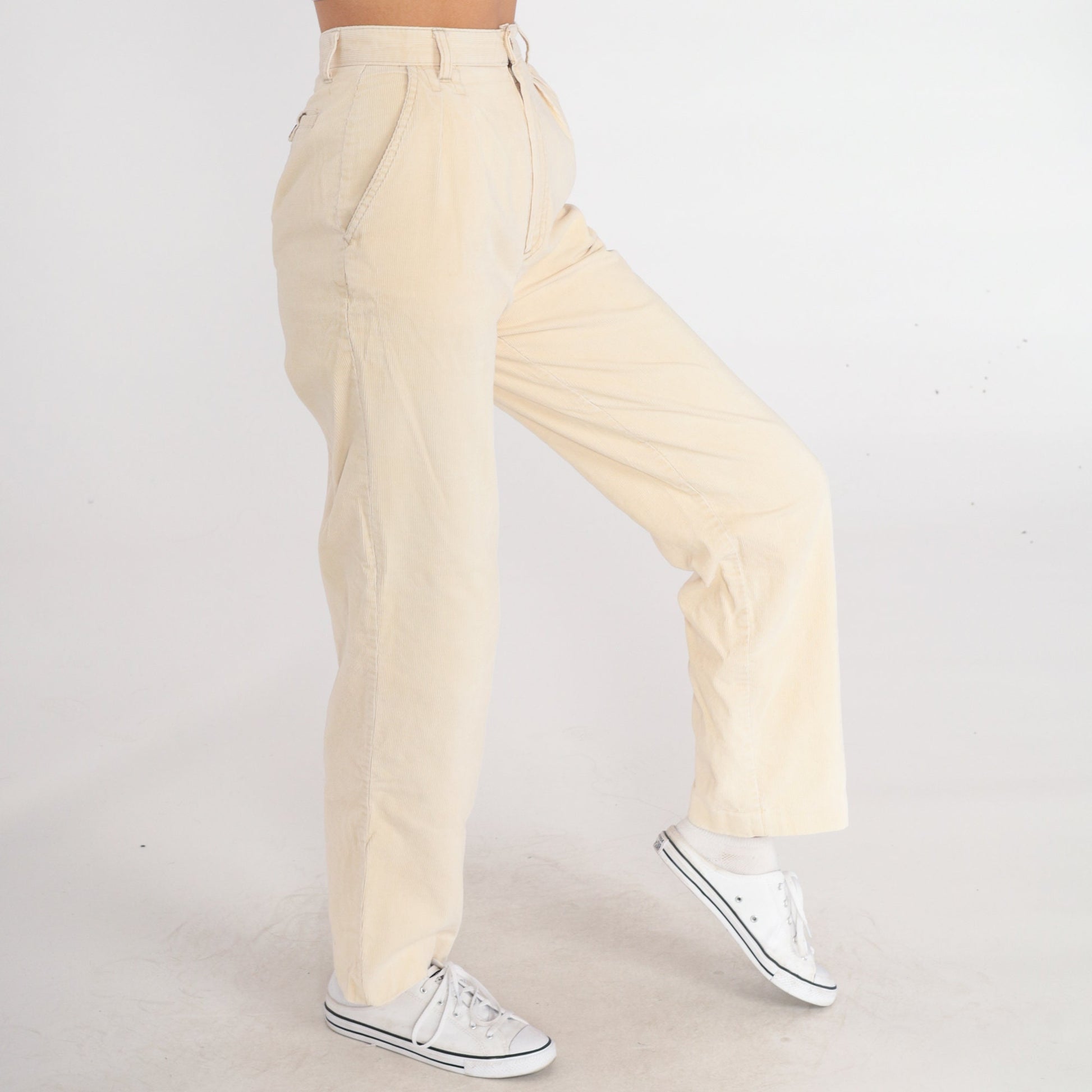 80s Present Co. Pleated Corduroy High-Waist Trousers Cream Straight Leg Extra Small