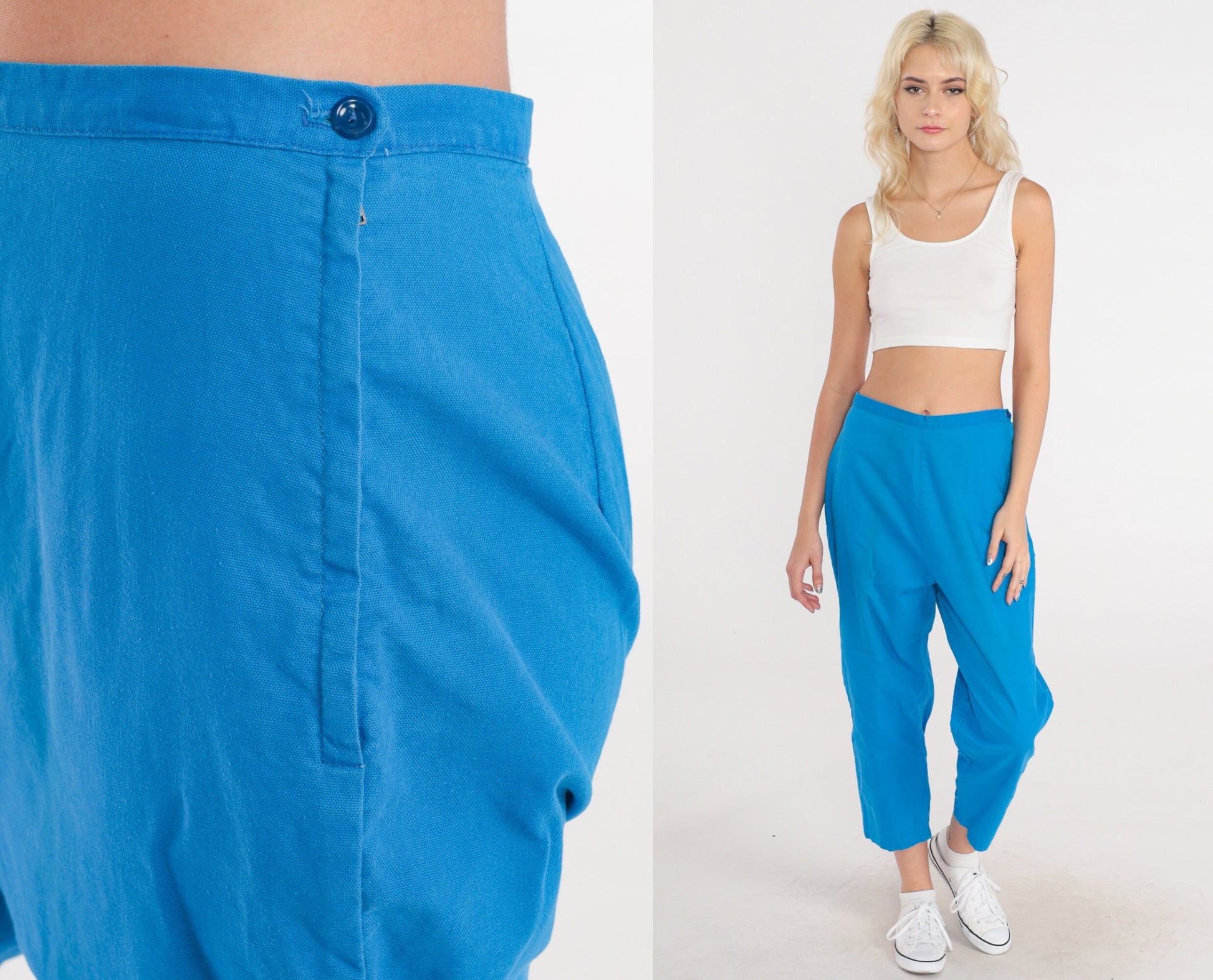 60s Bright Blue High-Waisted Cropped Trousers Side Zip Straight Leg Small
