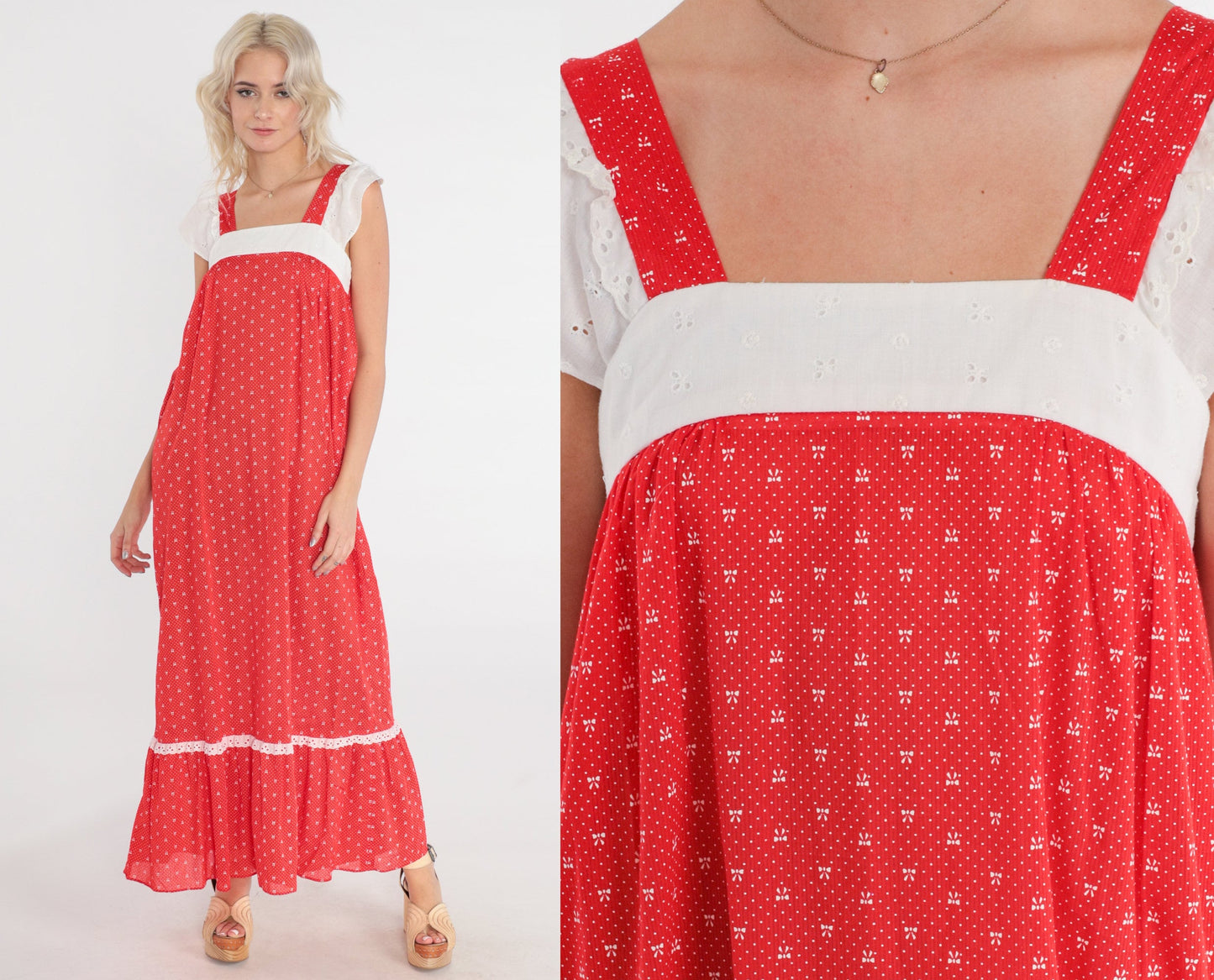 70s Red Maxi Dress Polka Dot Bow Print Eyelet Lace Cap Sleeve Extra Small