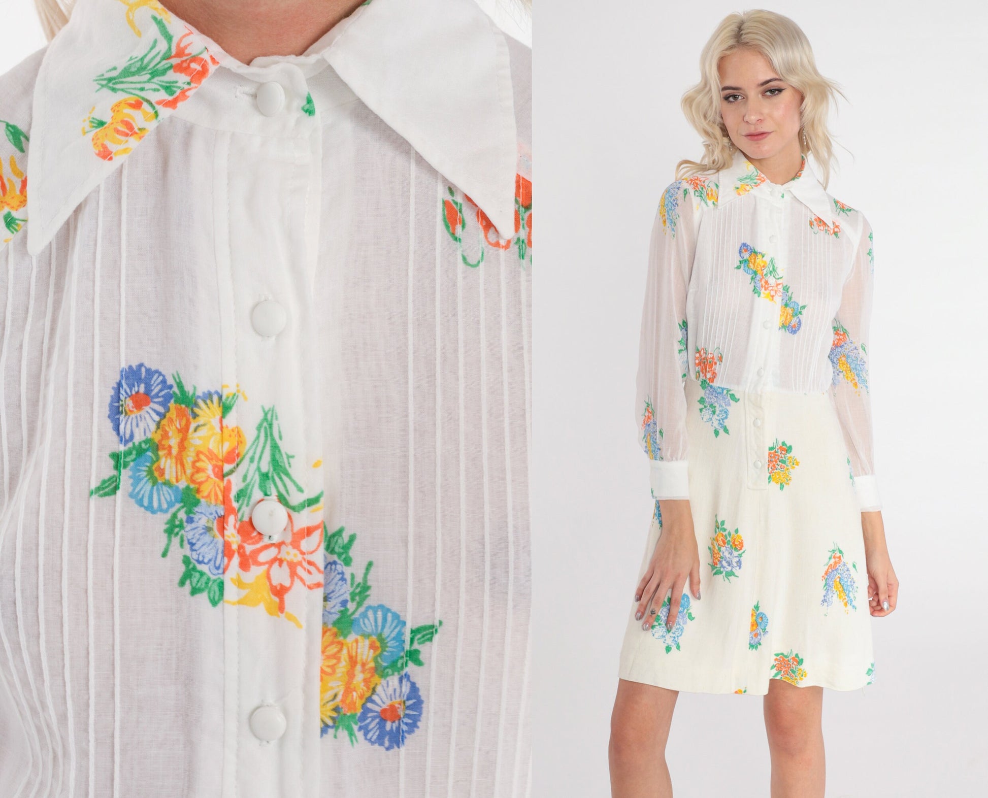 70s White Floral Mini Dress Dagger Collar High Waisted Button Up Long Sleeve Extra Small