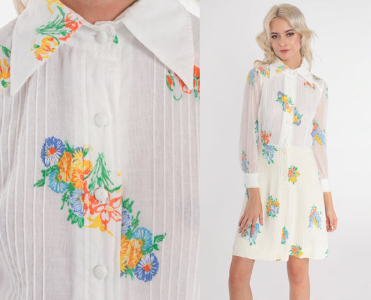 70s White Floral Mini Dress Dagger Collar High Waisted Button Up Long Sleeve Extra Small