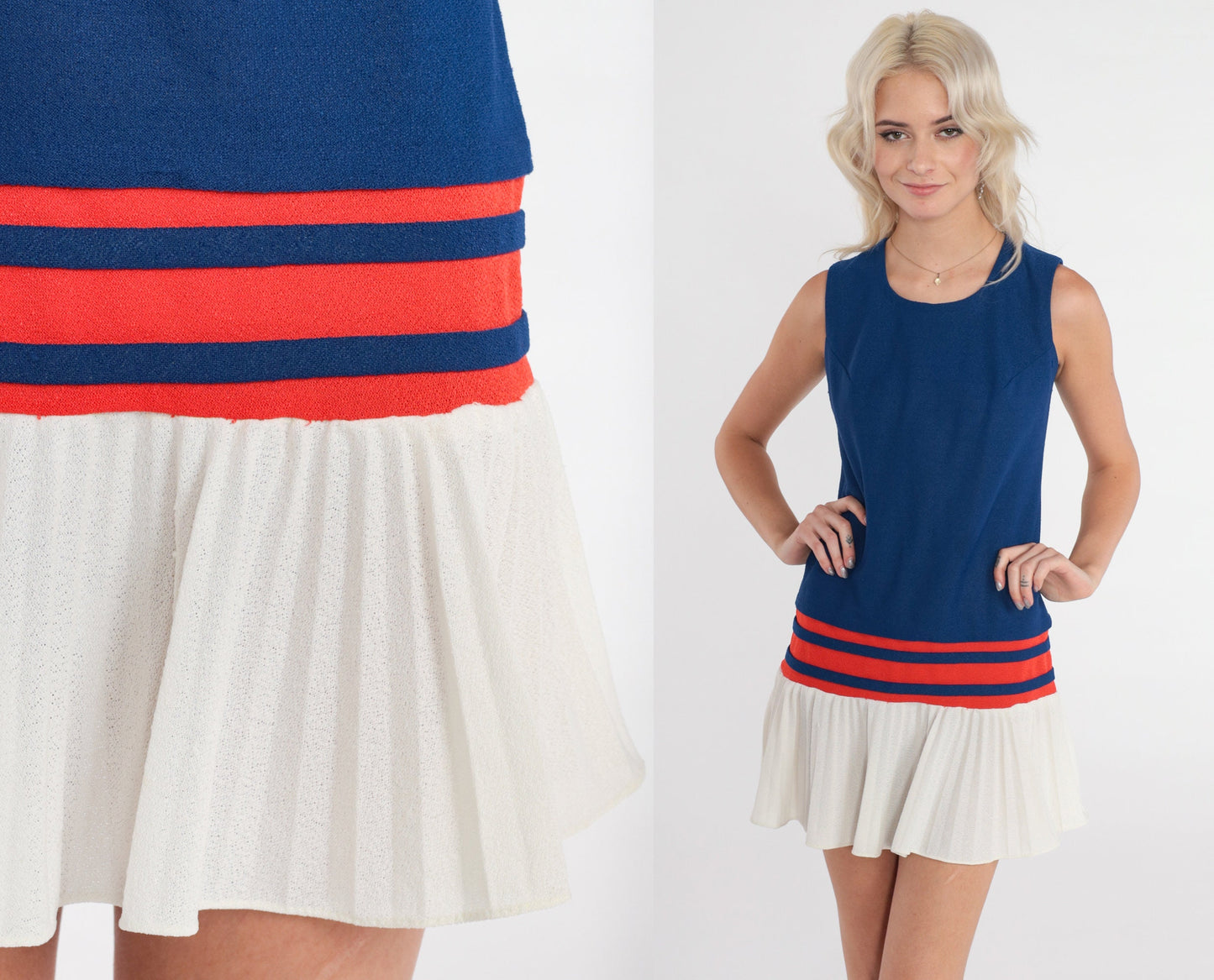 60s Candi Jones Mod Mini Dress Drop Waist Pleated Blue Red White XS