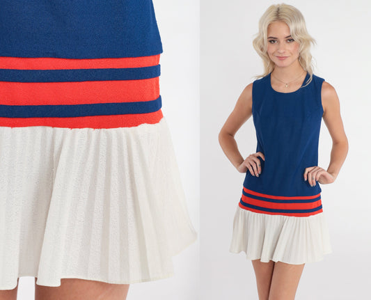 60s Candi Jones Mod Mini Dress Drop Waist Pleated Blue Red White XS