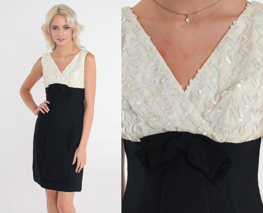 60s Sequin Bow Cocktail Dress Black Off-White Empire Waist Mini V-Neck Extra Small
