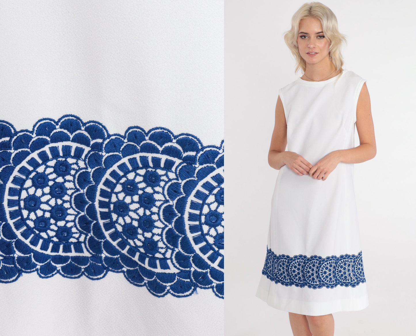 70s White Shift Dress Blue Mandala Print Sleeveless Knee-Length Medium