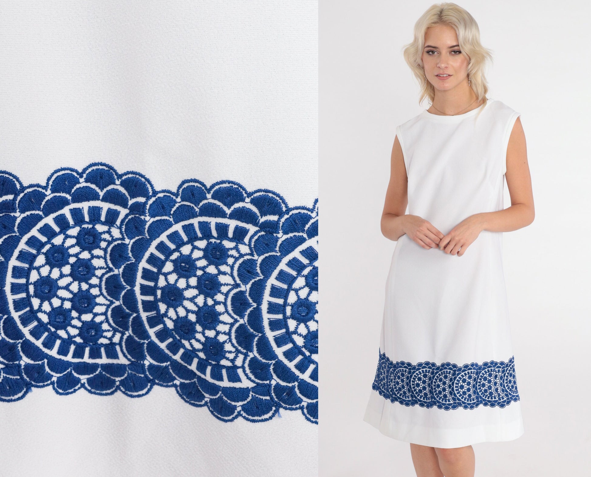 70s White Shift Dress Blue Mandala Print Sleeveless Knee-Length Medium