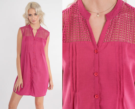 90s Pink Mini Dress Button-Up Sleeveless Sheer Cutout Yoke Medium