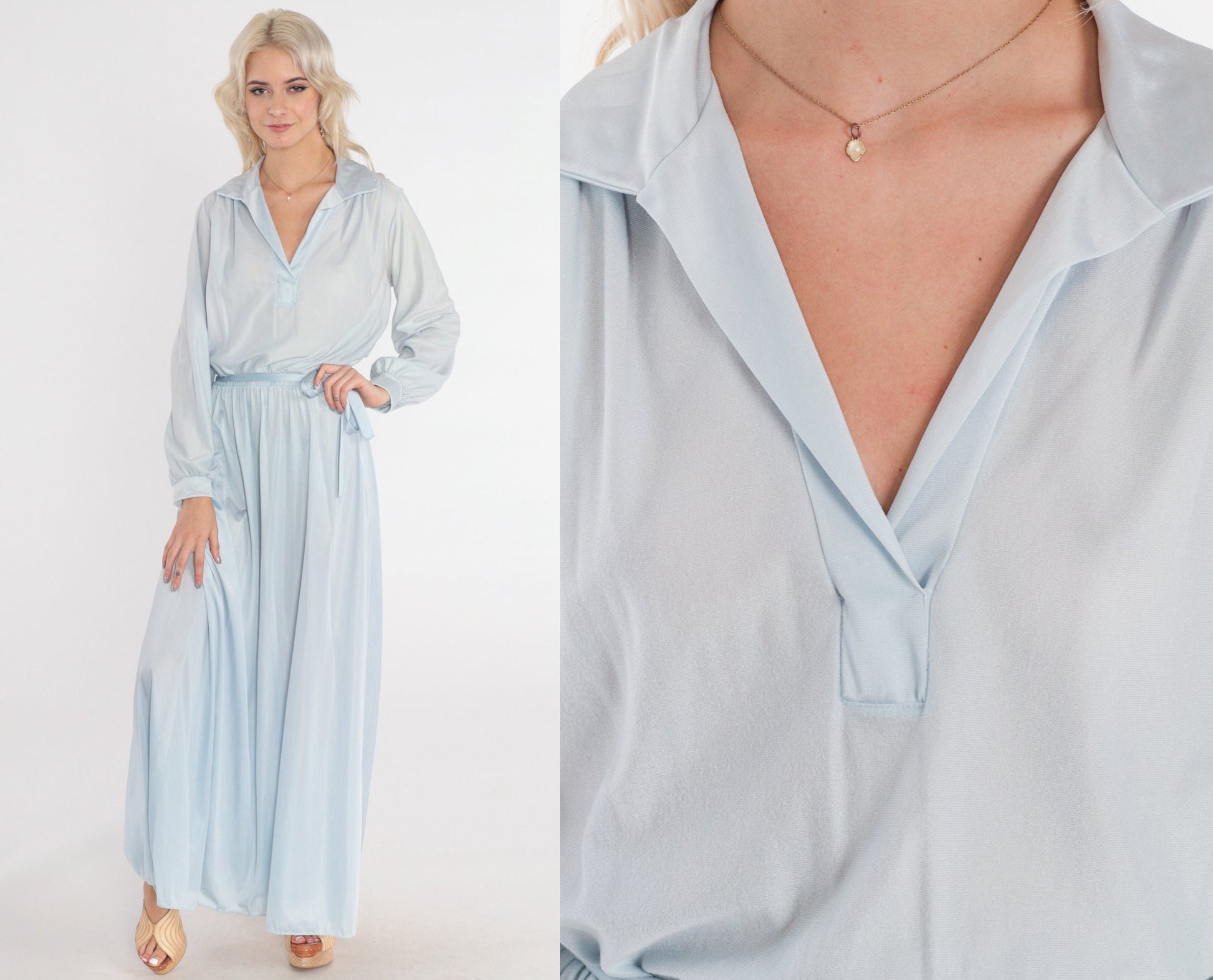 70s Light Blue Maxi Dress Collared V-Neck Long Sleeve High Waisted Medium Large