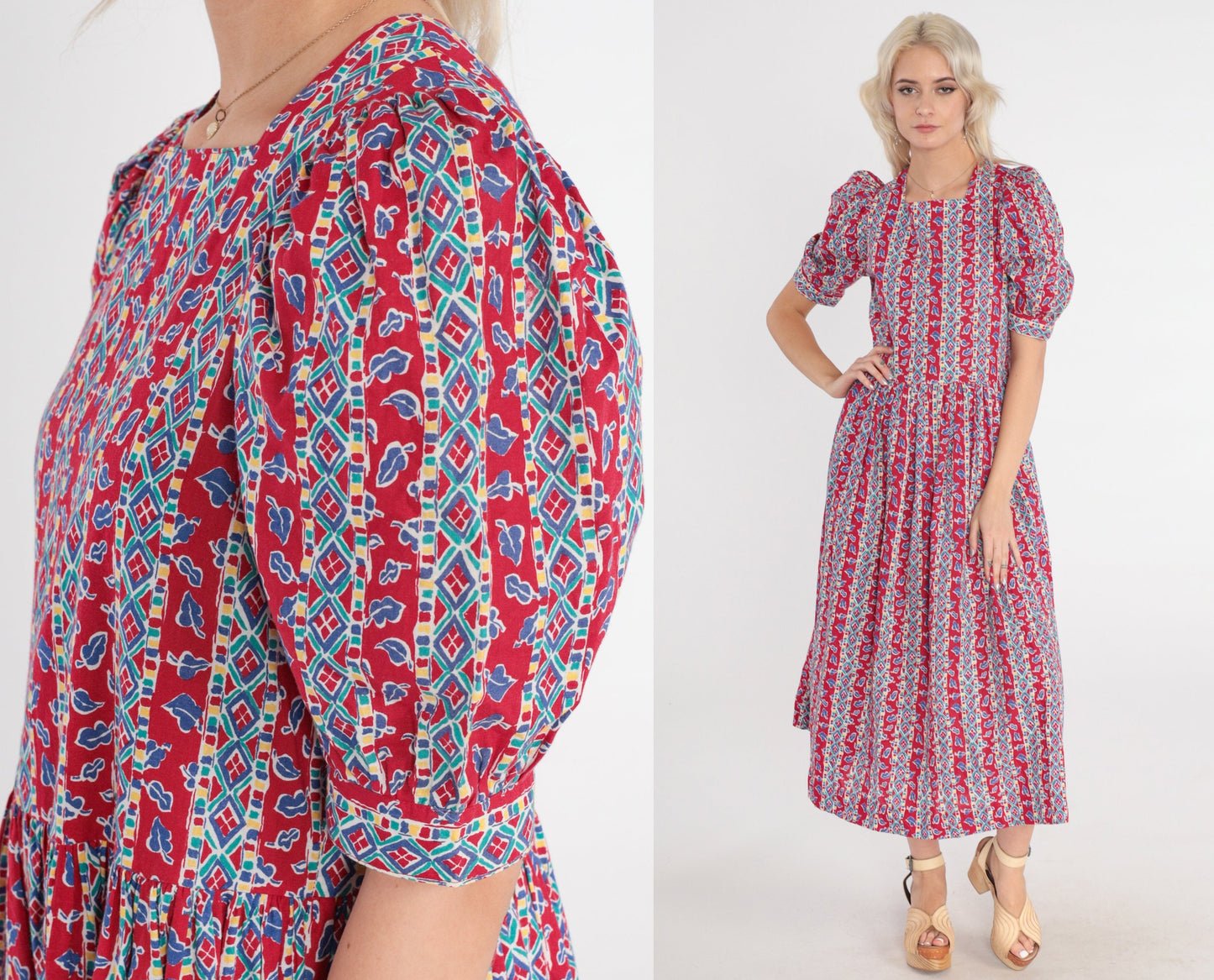 90s Laura Ashley Red Striped Leaf Print Midi Dress Puff Sleeve Medium