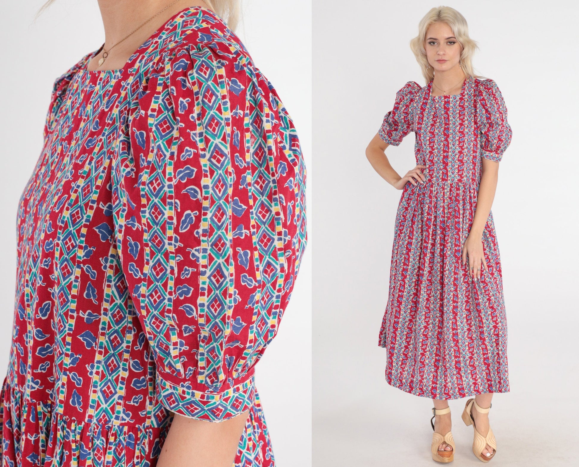 90s Laura Ashley Red Striped Leaf Print Midi Dress Puff Sleeve Medium