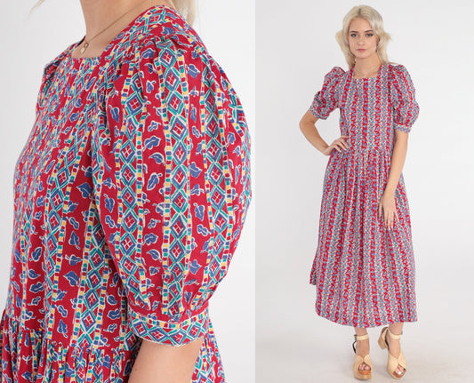 90s Laura Ashley Red Striped Leaf Print Midi Dress Puff Sleeve Medium