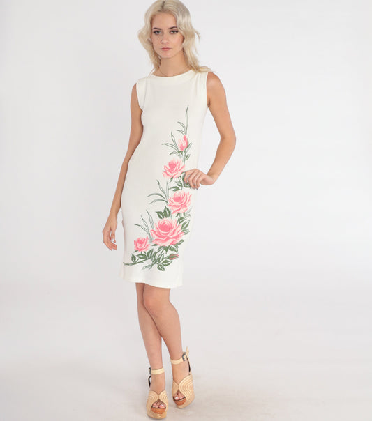 80s Rose Print White Mini Dress Sleeveless Shift Pink Floral Side Slit Extra Small