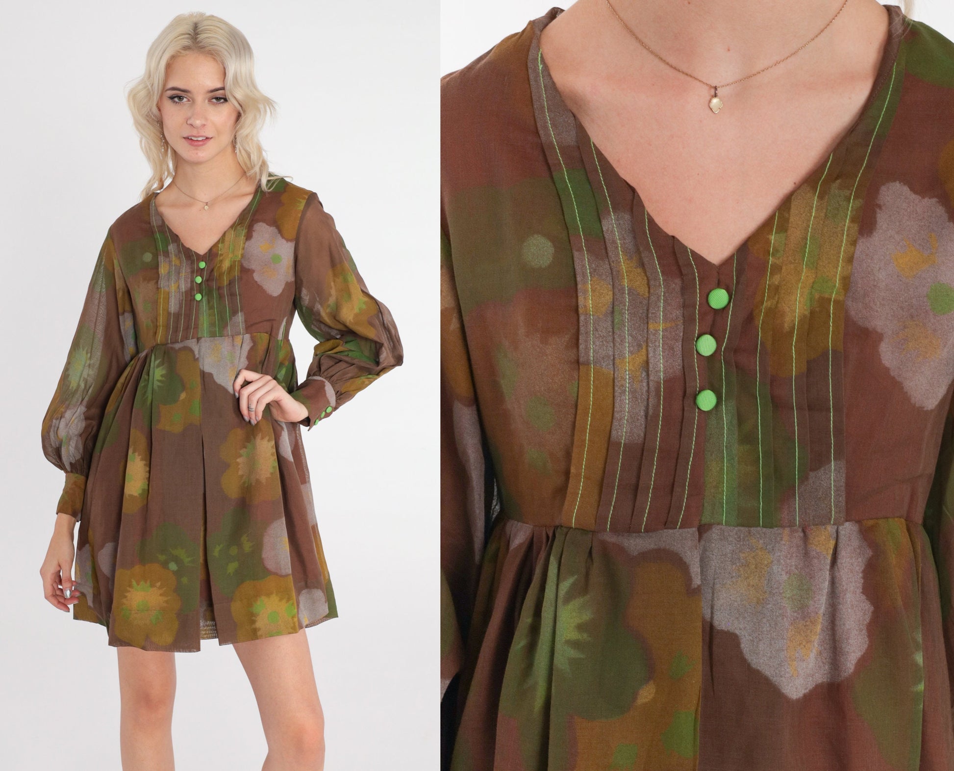 60s Brown Floral Babydoll Dress Mini Empire Waist Balloon Sleeve Extra Small