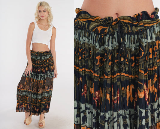 90s Geometric Horse Print Broomstick Skirt Olive Green Drawstring Medium Large