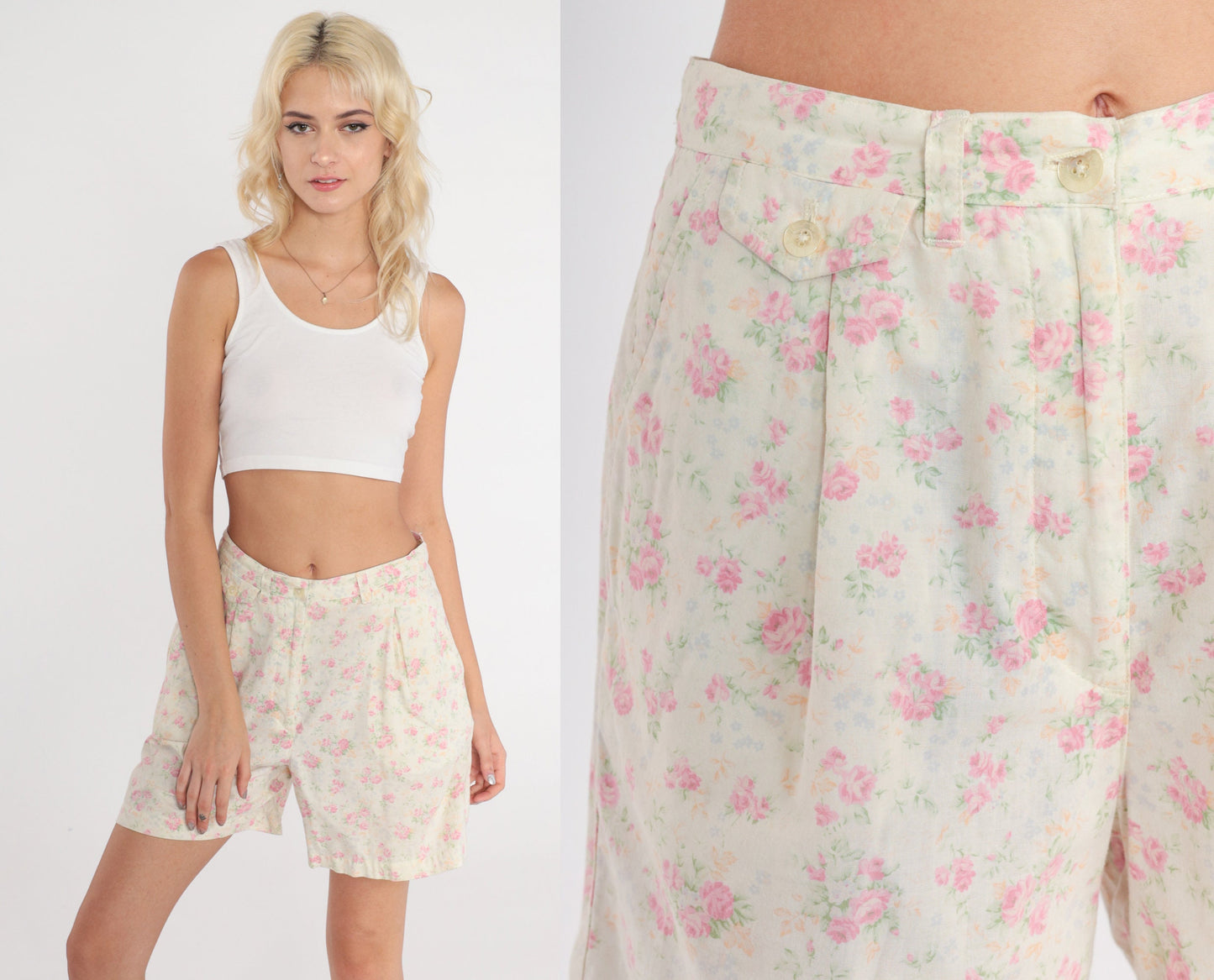 Ralph Lauren Floral Shorts Pale Yellow Pink Pleated High Waist Small S