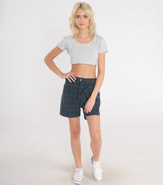 70s Plaid Swim Shorts Dark Blue Brown Checkered Elastic Waist Small