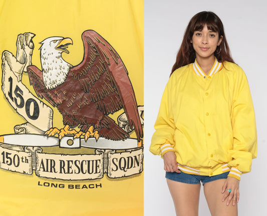 80s Air Rescue Squadron Long Beach Bomber Jacket Yellow Eagle Nylon Extra Large XL